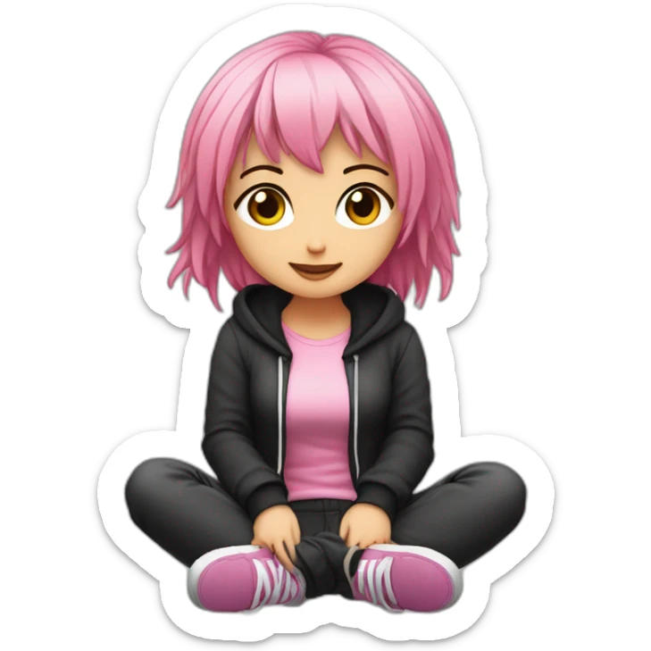 full body Front view curvy emo girl pink hair sits on the floor straight view hands up черная юбка белые трусики рваные полосатые чулки sticker