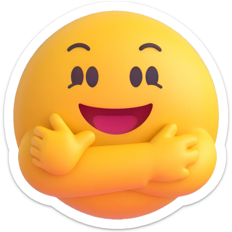 cute, happy, bodyless round 3D emoji with hug motif, smiling, friendly, transparent background, 512x512 px sticker