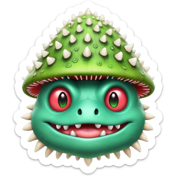 poisonous mushroom monster portrait, head and shoulders only, animal-like creature, mushroom cap head with spikes, toxic green glow, beast-like eyes, furry neck details, monstrous but cute fantasy vibe, 3D cartoon, mobile game icon style, clean background, no text, no watermark

 sticker