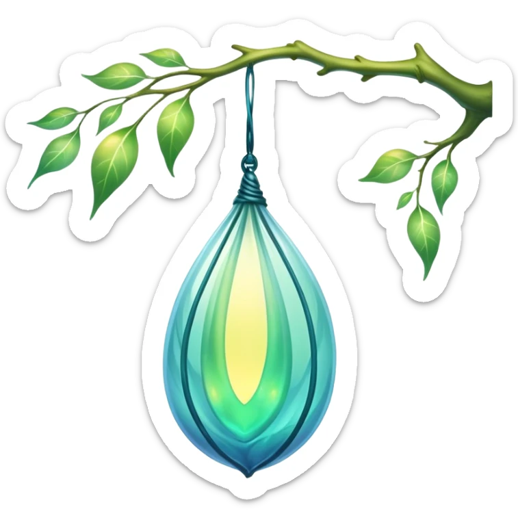 ethereal magical cocoon hanging from a branch, glowing green-blue cocoon, yellow magical aura, translucent, magical symbol, soft curves, gentle green-blue hues sticker