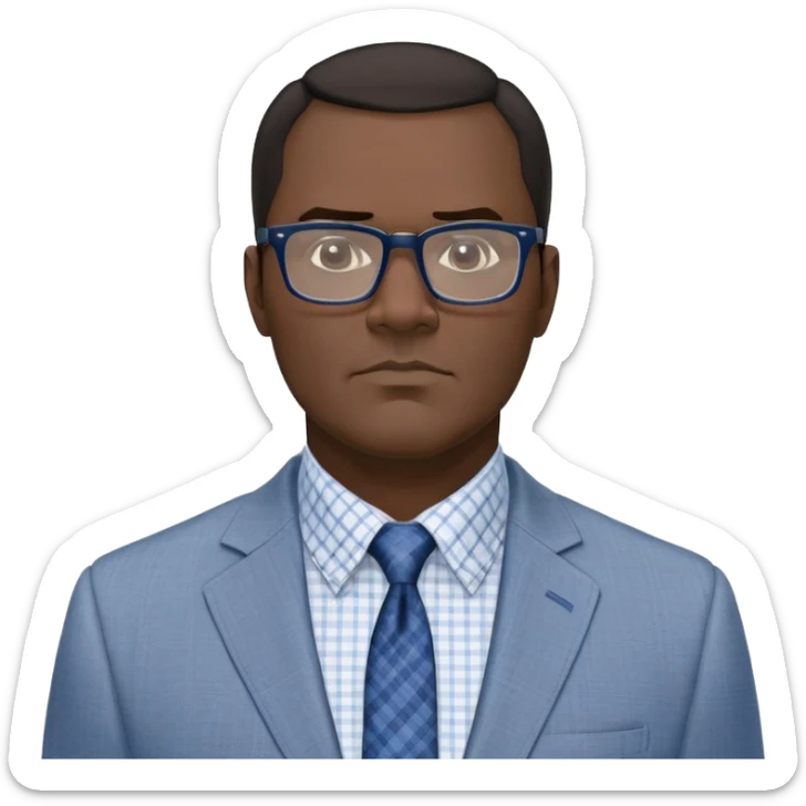 Larger 50-year-old man with extremely wide square face and prominent jawline. Full head of short straight dark hair with some gray, combed neatly to the side. Large dark square-framed glasses. Serious expression. Wearing a light gray blazer over a white button-up shirt with blue checkered pattern. sticker