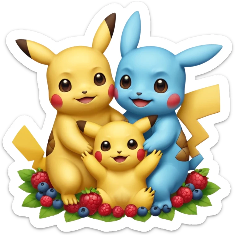 Two Pokémon are playing in a field. Pikachu has many berries, but Squirtle has none. Pikachu sees this is unfair, so he shares the berries with Squirtle. They smile and eat together. Show this as a cute Pokémon emoji scene about justice and fairness. sticker