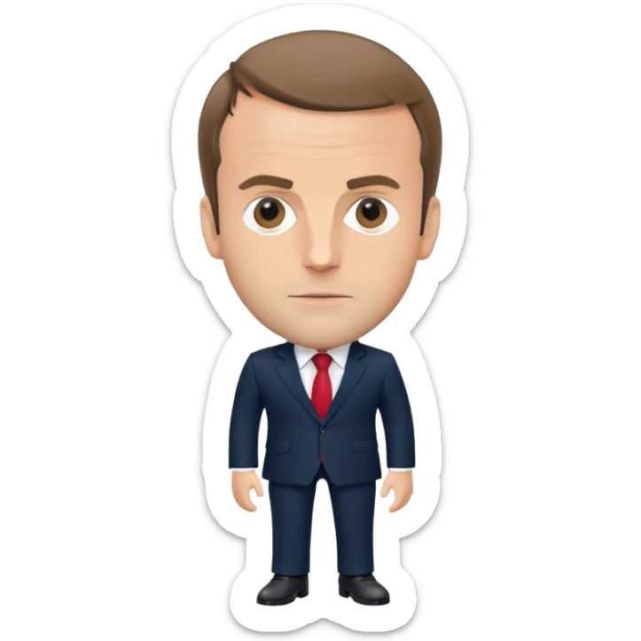 figure of Emmanuel Macron with an oversized head and small body, standing, wearing a dark navy suit and red tie, highly recognizable face, simplified details sticker
