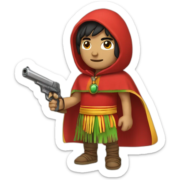 An Inca man, neck-length black hair, wearing a red headband and wearing a red poncho (with yellow, green and red lines) and holding a pistol sticker