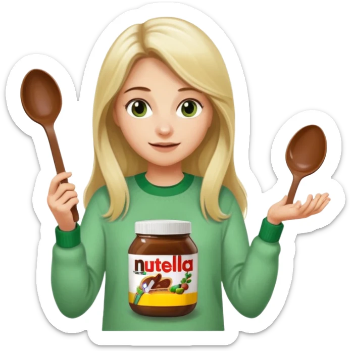 Blond woman with white and green pullover holds in one hand a big carriage of Nutella and in the other hand a oversized spoon which is inside the jar of Nutella. Her hair is long. And the Nutella jar is very big sticker