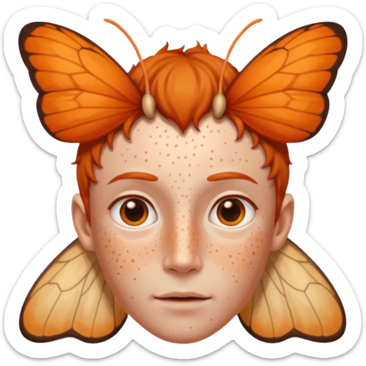 a moth head with orange antennas, slightly brown head and orange freckles on the forehead sticker