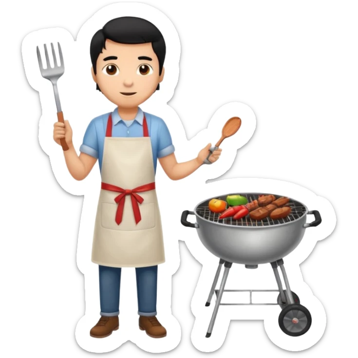 man cooking barbecue full-body black hair brown skin sticker