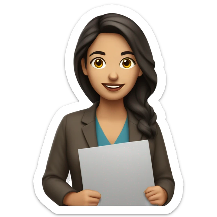 hispanic woman brunette short art teacher holding welcome sign sticker