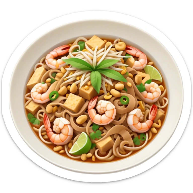 Cinematic Realistic Pad Thai Dish Emoji, depicted as stir-fried rice noodles with shrimp, tofu, peanuts, and bean sprouts rendered with vibrant textures and dynamic, appetizing lighting. sticker