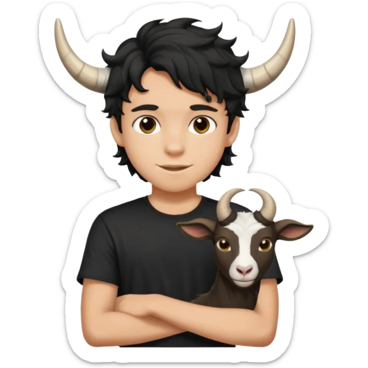 Menino de 15 anos de cabelo ondulado preto e de camiseta preta com chifres de bode sticker