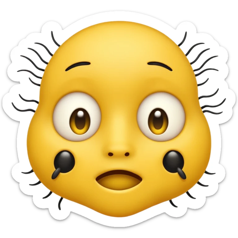 😊🥺 these emojis but with flies around it and its happy yellow face emoji black eyes like the 4th image but its cuter remove the nose make the eyes bigger and close its mouth sticker