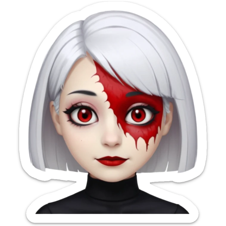 female, unnatural eye color with veiny eyes, sickly skin texture combined with an unnatural creepy smile, liminal setting that feels wrong, uncanny eerie art style, scary femme fatale, bob cut, mole under eye, white hair, red iris, black mascara, black eyeshadow, Gothic white skin, sticker