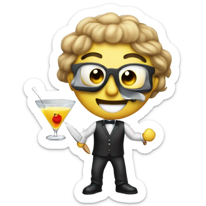 Please make me a emoji with a smiling face, with a martini glass in one hand, and a knife in the other  sticker