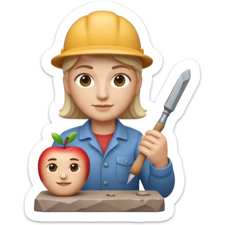 Apple Memoji-style 3D emoji of a sculptor with a small statue and chisel, smooth gradients, rounded edges, no background.during sculpting rock sticker