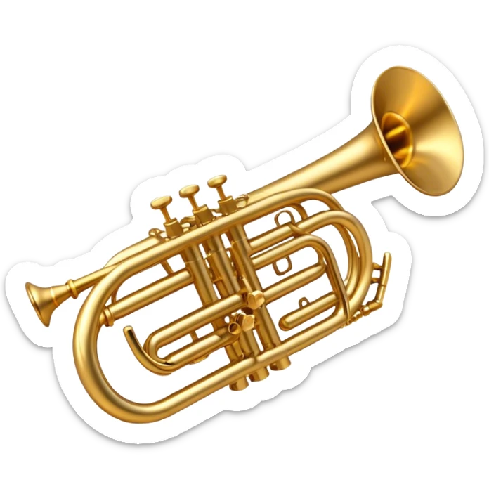 Cinematic Realistic Trumpet, polished brass with warm golden reflections, intricate valve details subtly highlighted, soft hands pressing the keys, glowing with bold and triumphant musical energy. sticker