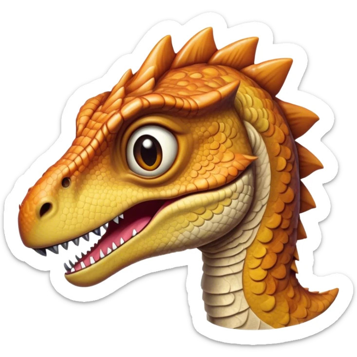 Cinematic Realistic Cute velociraptor/T-rex Portrait Emoji, Head tilted playfully and inquisitively, featuring a compact, slightly rounded build with intricately detailed, textured scales in natural hues and a surprisingly endearing face with bright, curious eyes, rendered with lifelike clarity and warm natural light, high shine, affectionate and quirky, styled with a touch of prehistoric whimsy, soft glowing outline, capturing the essence of a mischievous yet lovable velociraptor/T-rex that seems poised to stomp playfully into your arms! sticker