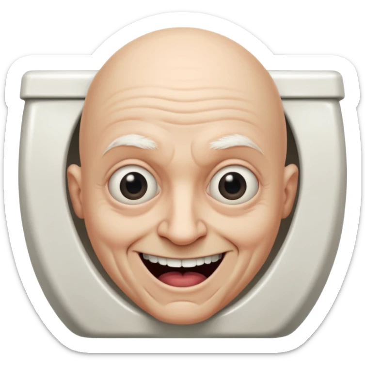A bald person who’s very old is staring, he’s inside a toilet and his head is upright and looking at the camera with very wide eyes and a massive smile, in a very creepy way. sticker