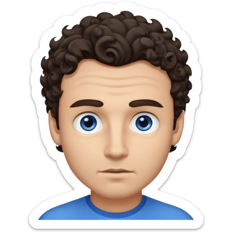 A man emoji with light skin, wavy dark brown hair styled with a curl falling on his forehead, thick dark eyebrows, striking blue eyes, a straight nose, and a clean-shaven face with a neutral expression. sticker