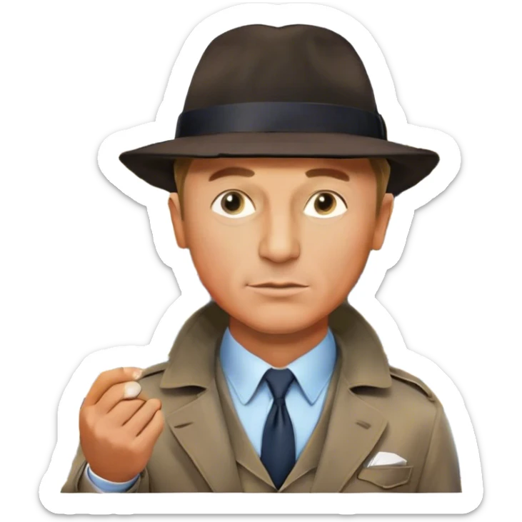 Icon for Detective Movies: A colorful collage featuring Daniel Craig as an inspector, with a magnifying glass, fedora hat, cigarette, and a mysterious city backdrop. Include a board with photos of suspects, fingerprints, and a crime scene. Retro movie poster style. Transparent background. sticker