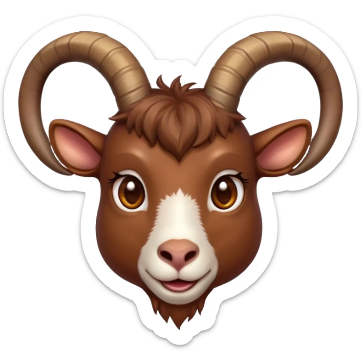 Cinematic Cute Brown Goat Portrait Emoji, Head tilted playfully and inquisitively, featuring a glossy, rich brown fur with charming curved horns, round, sparkling eyes filled with gentle curiosity, Simplified yet irresistibly adorable features, highly detailed, glowing with a warm, friendly glow, high shine, affectionate and lively, stylized with a touch of rustic whimsy, bright and endearing, soft glowing outline, capturing the essence of a mischievous yet loving goat, so playful it feels like it could trot out of the screen and into your arms! sticker