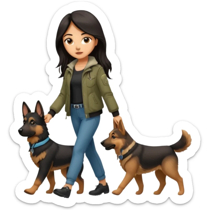 A girl with rather long brown-black hair is walking her German Shepherd. She's dressed very nicely in cute pants and a stylish jacket. sticker