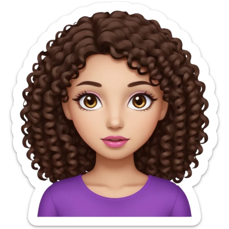girl with curly long dark brown hair, brown eyes, light to medium complexion, long lashes, almond shaped eyes, light pink lipstick sticker