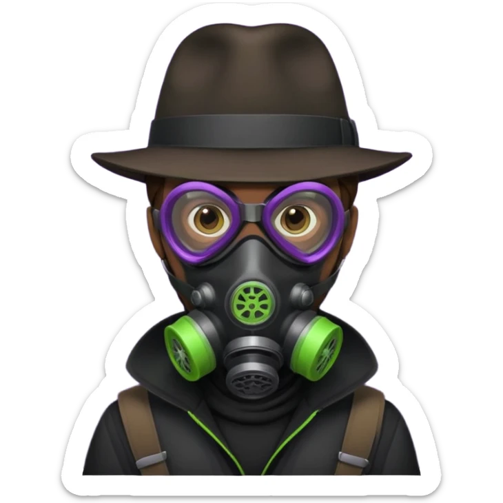Male Hacker with a fedora with brown hair wearing a gasmask. Color scheme is black, lime-green and purple sticker