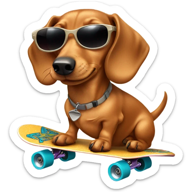light brown dachshund on a skateboard wearing sunglasses with tongue out sticker
