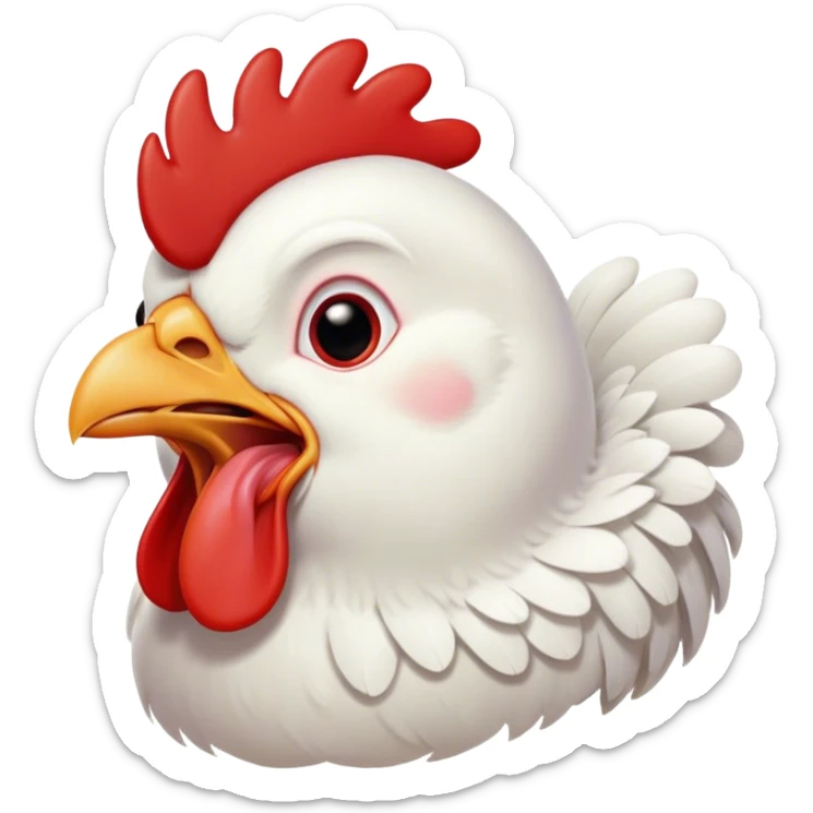 Cinematic Cute Yawning White Chicken Portrait Emoji, Head tilted slightly with a dramatic, wide-open yawn, showcasing a soft, fluffy white plumage with a crisp red comb and drooping wings, round beady eyes barely open in drowsy contentment, Simplified yet irresistibly adorable features, highly detailed, glowing with a soft, cozy glow, high shine, relaxed yet expressive, stylized with a touch of whimsy, bright and endearing, soft glowing outline, capturing the essence of a sleepy yet affectionate chicken, so drowsy it feels like it could stretch out of the screen and curl up for a nap! sticker