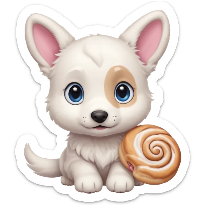 a shy but friendly white puppy with long ears that let him fly, blue eyes, pink cheeks, and a tail shaped like a cinnamon roll sticker