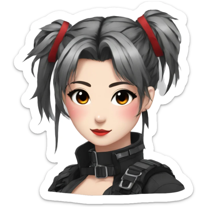 Gorgeous techwear anime style lady with blushing face aesthetic and pretty edgy black red punk messy ponytail with collar and harness trending style sticker