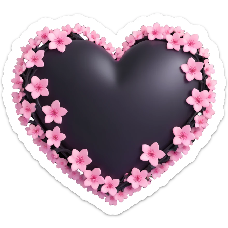 goth sakura heart, black heart with pink cherry blossom petals, glossy and rounded, dramatic and cute sticker