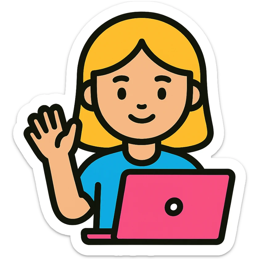 a girl with a pink laptop waving, color outline icon style sticker