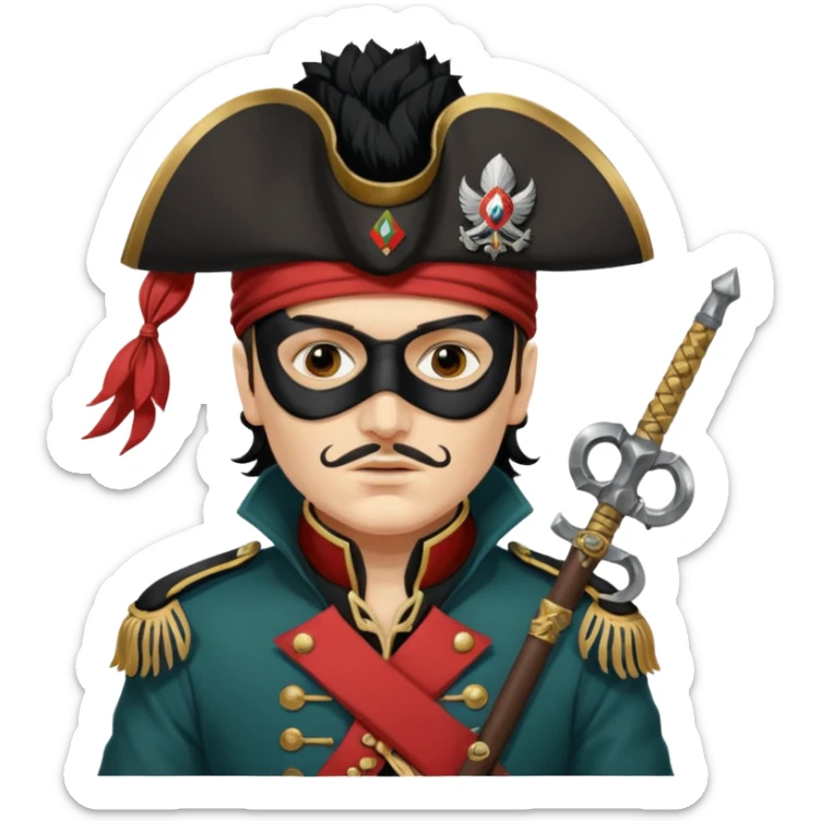 Adam Ant  painted with Indian war colors with black mask is wearing a Hungarian Hussar'S JACKET, holds two firelocks holsters in his hands sticker