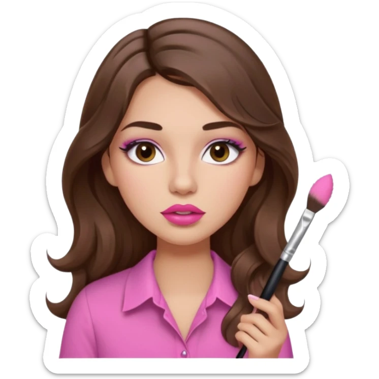 girl with long wavy brown hair, brown eyes, light to medium complexion, in a pink shirt, pink lips, long lashes, puckered lips, putting on makeup sticker