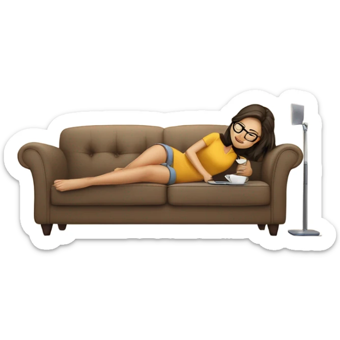 brunette girl laying on a cream colored couch with brown pillows with glasses on and a laptop on small table in front with coffee cup on mouse pad sticker
