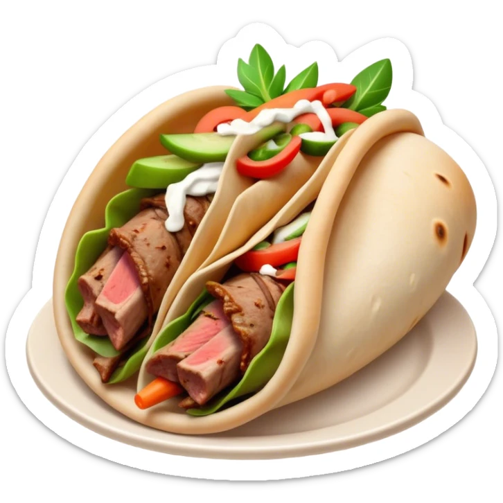 Cinematic Realistic Gyros Dish Emoji, showcasing succulent, spiced meat wrapped in pita with fresh vegetables rendered with lifelike detail and dynamic, appetizing lighting. sticker