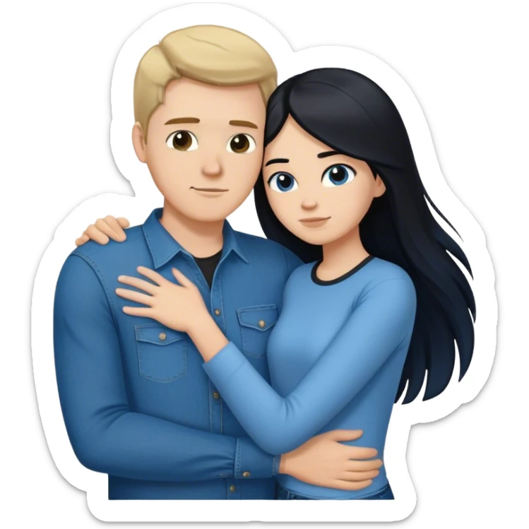 tall white guy wearing blue shirt and black jeans hugging a shorter white girl with long black hair with blue jeans and white shirt sticker
