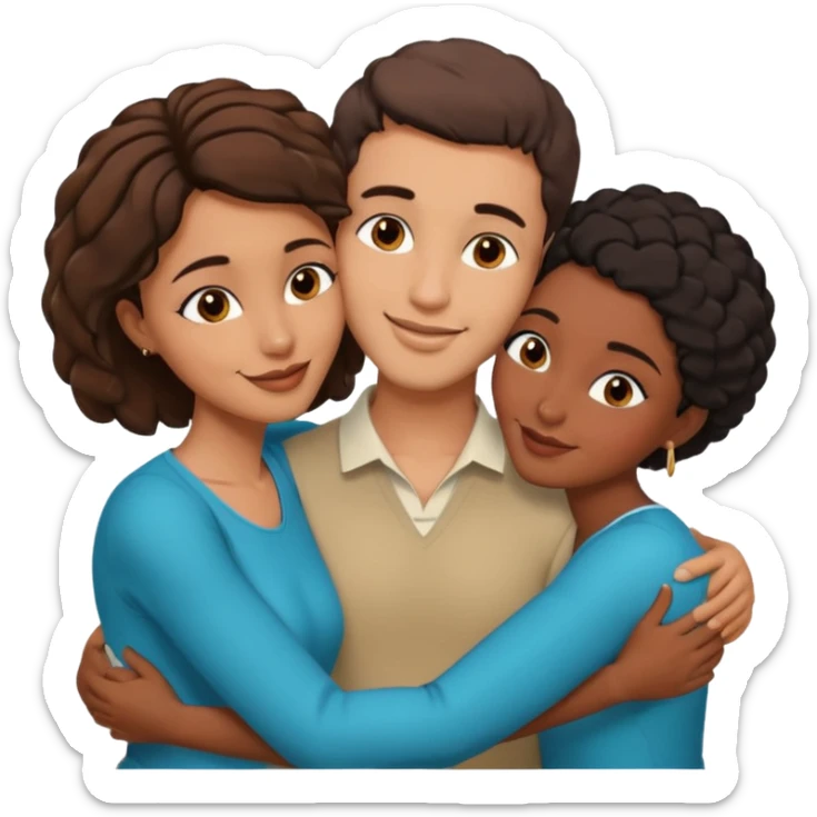  middle Eastern man with short brown hairwith two black african women both are African one is medium tone skin black and one is medium tone black with african hair styles. and they are all smiling and putting their arms around each other and kissing and hugging sexually  sticker