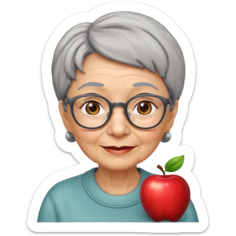 emoji of an elderly woman with wrinkles, short hair, glasses, friendly expression, Apple emoji style sticker