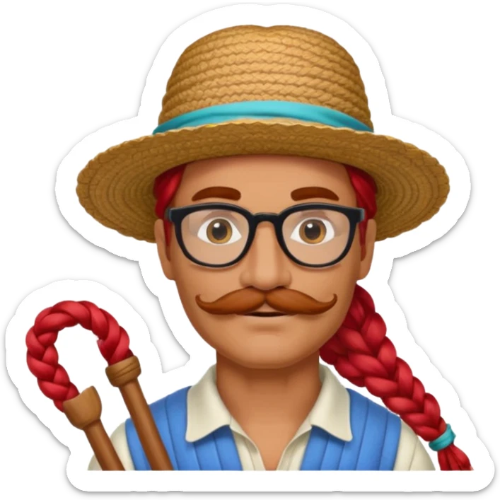 venice gondolier with long red braided hair, iconic hat, normal glassess and mustache sticker
