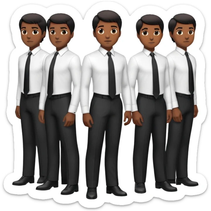 A full-body digital illustration of a Black man wearing a well-fitted dark suit, white dress shirt, and a black tie. He has short, neatly groomed hair and a confident yet approachable expression. Multiple versions of this man are standing side by side in a row, each in a different pose. sticker