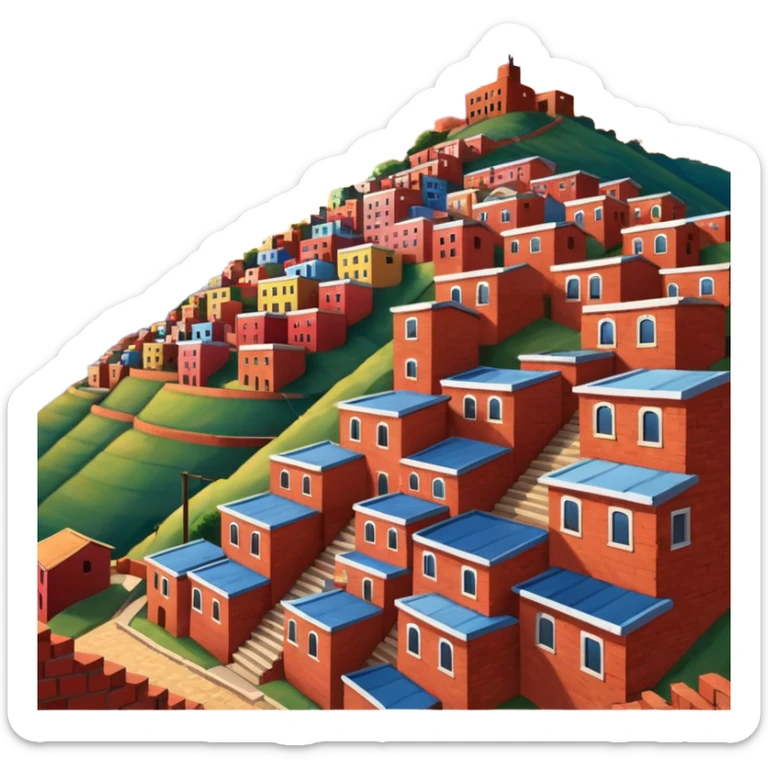 Urban Peruvian hillside neighborhood, brick houses stacked on steep hills, unfinished red brick buildings, colorful painted facades, narrow stairways, electric cables crossing the sky, sunset lighting, realistic style, cinematic, high detail sticker