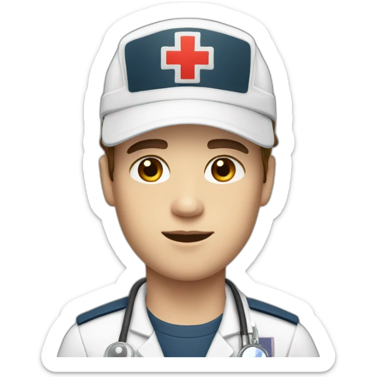 Ambulance yung man with white skin and brown hair and a cap sticker