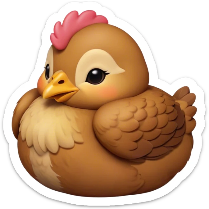 Meme-Worthy Cute Sleeping Brown Chicken Portrait Emoji, Head resting peacefully with a contented smile, showcasing a delightfully compact build and a luxuriously soft brown plumage, eyes shut in a serene, restful nap, Simplified yet hilariously adorable features, highly detailed, glowing with a soft, drowsy light, high shine, relaxed and utterly lovable, stylized with an air of playful laziness, bright and heartwarming, soft glowing outline, capturing the essence of a comically sleepy chicken, so meme-worthy it feels like it could instantly become the next viral sensation of adorable slumber! sticker