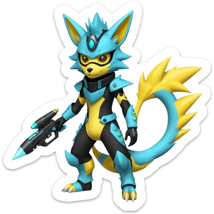 Shiny badass cool edgy spikey fluffy realistic cyan yellow white electric complex futuristic Zeraora-Renamon-Electrike-Umbreon-Lombax-Weregarurumon-fusion-creature (full body) wearing a black cyberpunk-helmet-mask sticker