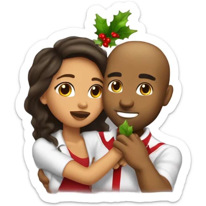 Puerto Rican girl kissing light skin man under a mistletoe sticker
