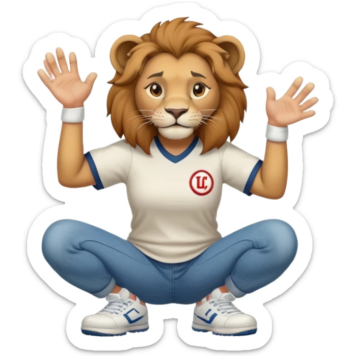 friendly anthropomorphised female lion wearing a baseball shirt, jeans, and trainers, in a squat position, empty hands sticker