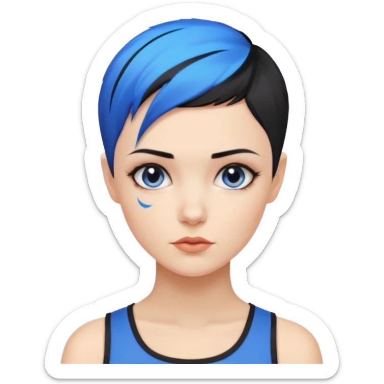 frau, kein kind freche extreme schwarze Kurzhaarfrisur eine Seite wirklich fast keine Haare andere Seite mit blauer Strähne kurze Seite noch viel kürzer sticker