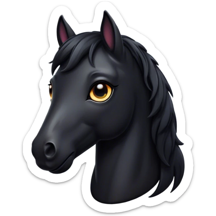 Cinematic Cute Black Horse Portrait Emoji, Head tilted playfully and inquisitively, showcasing a glossy black fur with a striking sheen and expressive dark eyes filled with curiosity, Simplified yet irresistibly adorable features, highly detailed, glowing with a warm, friendly glow, high shine, affectionate and spirited, stylized with a touch of whimsy, bright and endearing, soft glowing outline, capturing the essence of a mischievous yet loving horse, so playful it feels like it could trot out of the screen and into your arms! sticker